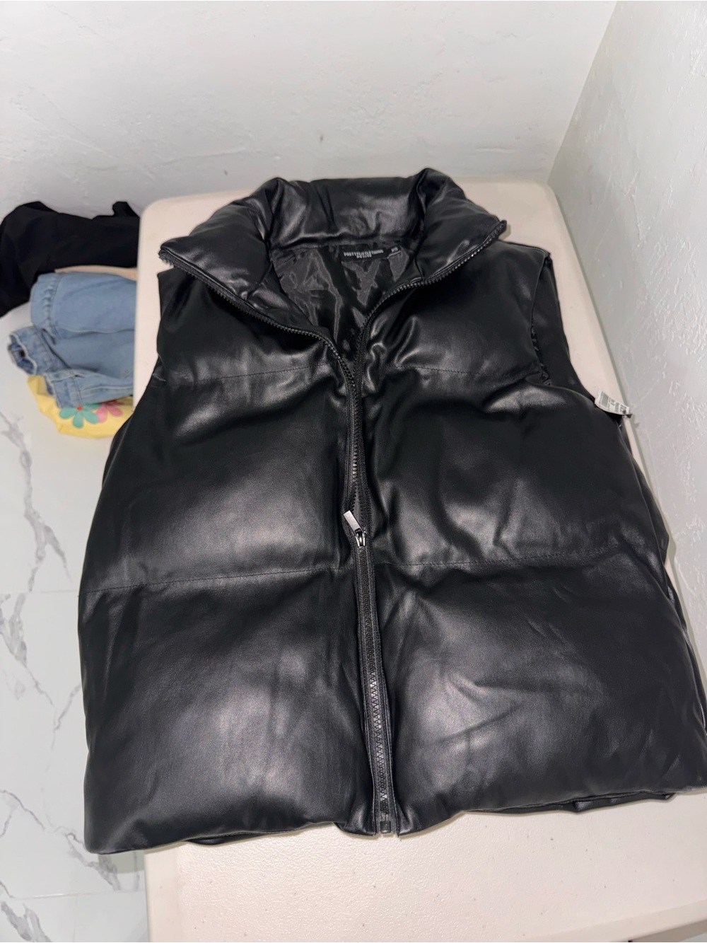 PrettyLittleThing Black Faux Leather Puffer Vest